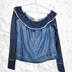 Anthropologie Cloth & Stone Blue Colorblock Tencel Off Shoulder Top size Small